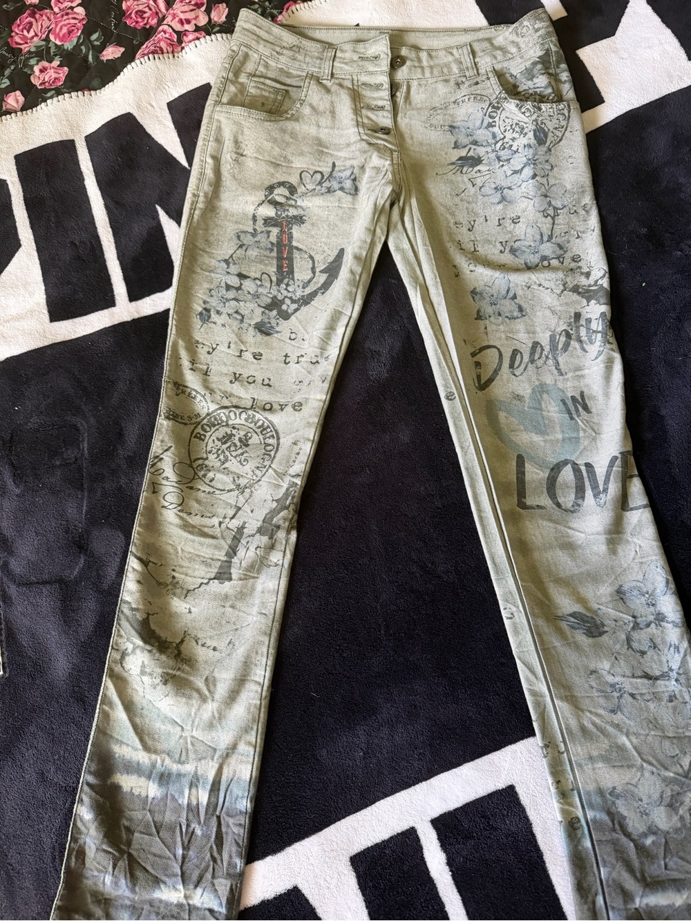 Women’s Straight Leg Jeans in Olive Green with Printed Details